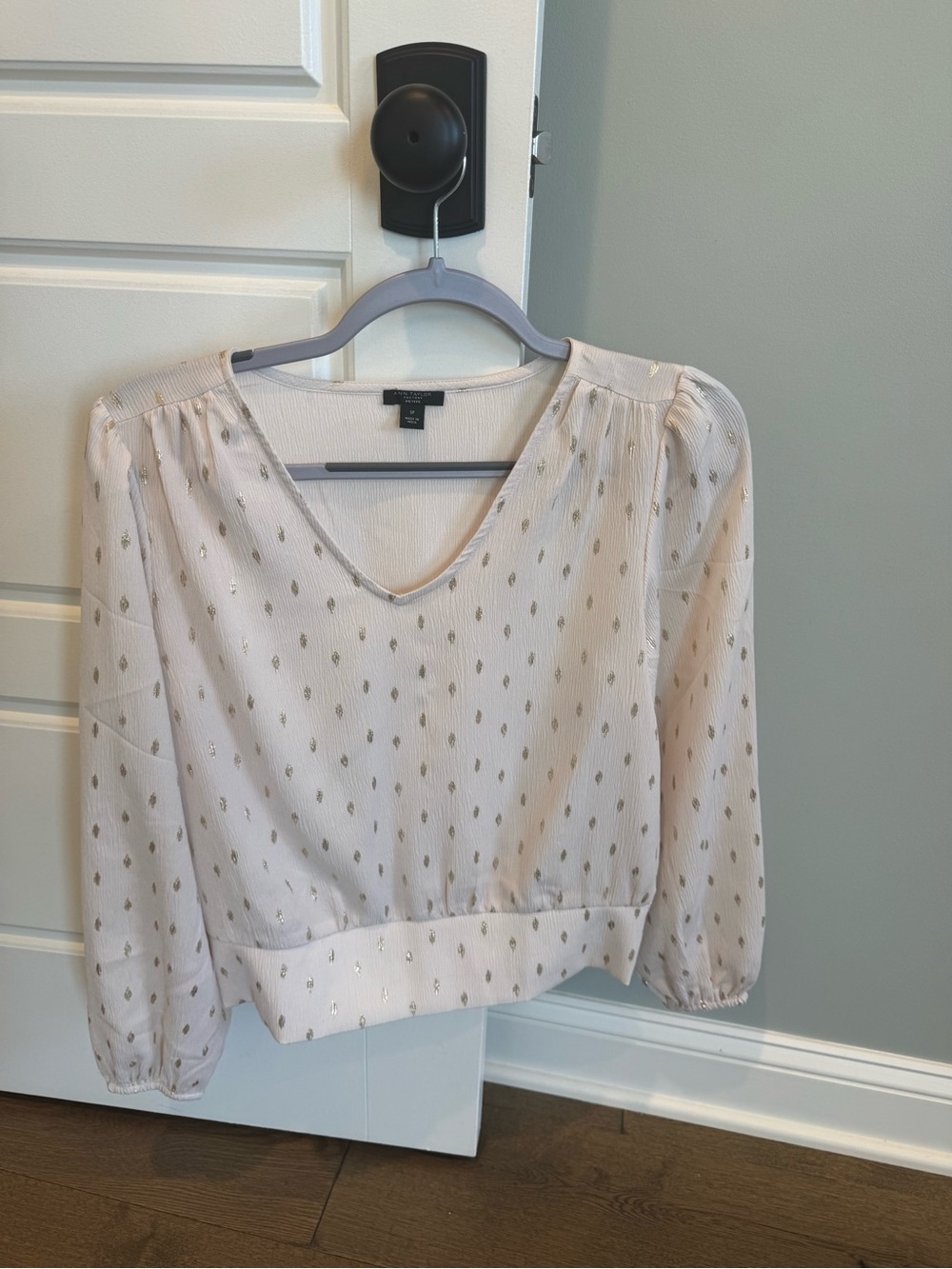 LOFT Cream V-Neck Blouse with Gold Metallic Dot Accents